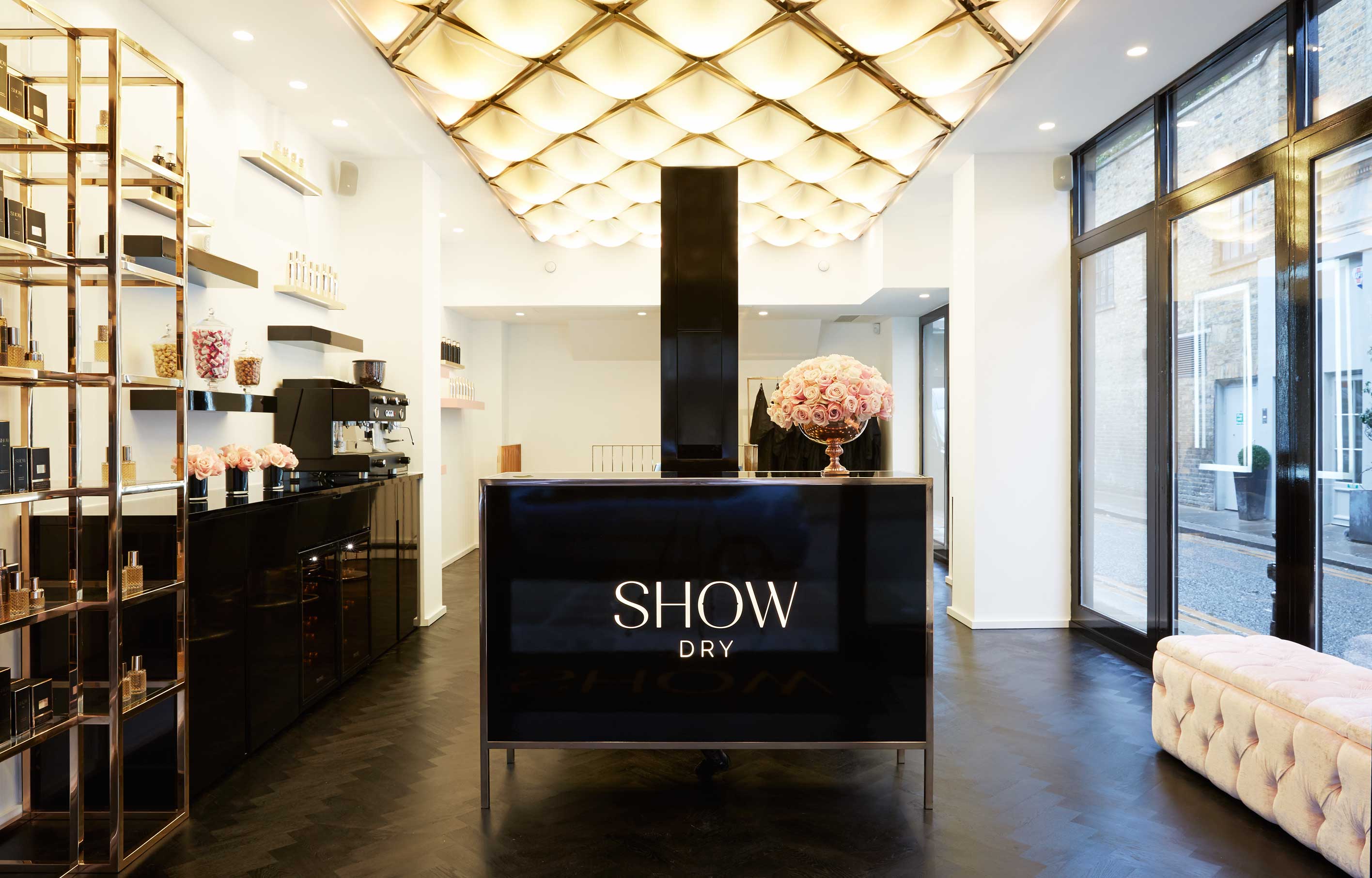 Aldworth James & Bond | Flagship SHOWDry Salon - reception furniture and feature ceiling