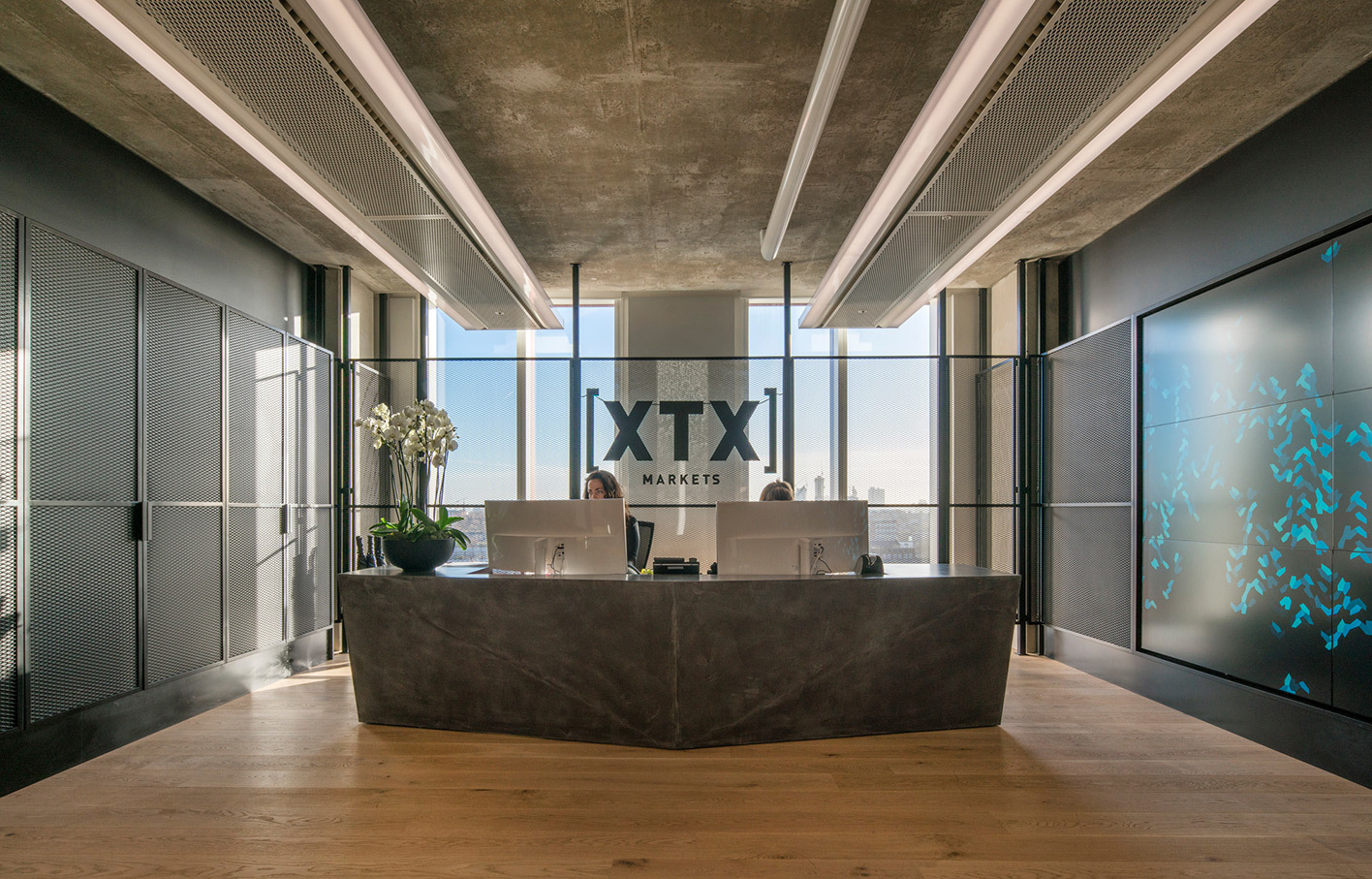 Aldworth James & Bond | XTX Markets — Reception desk and feature wall by AJ&B