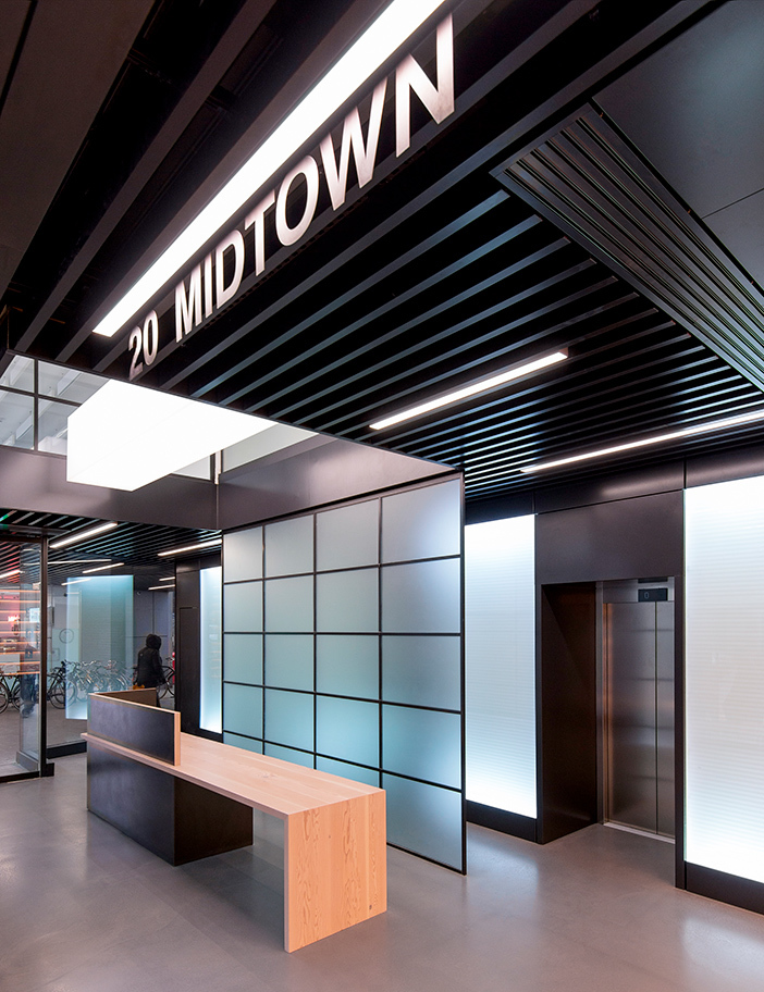 Aldworth James & Bond | Reception area at 20 Midtown with signage and metalwork by AJ&B
