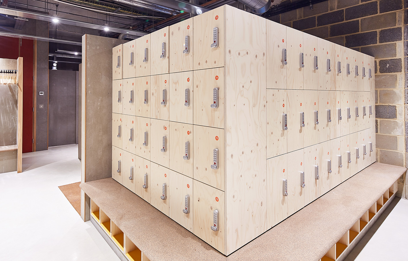 Aldworth James & Bond | triyoga Shoreditch Studio | Plywood lockers and cork-pressed bench seating