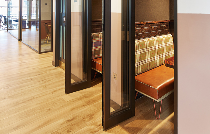 Aldworth James & Bond | Upholstered leather seating in phone booths at WeWork Moor Place